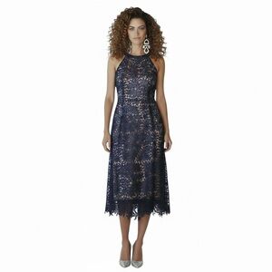 Lulus DIvine Destiny Navy Lace Halter Dress Nude Lining Cocktail Formal